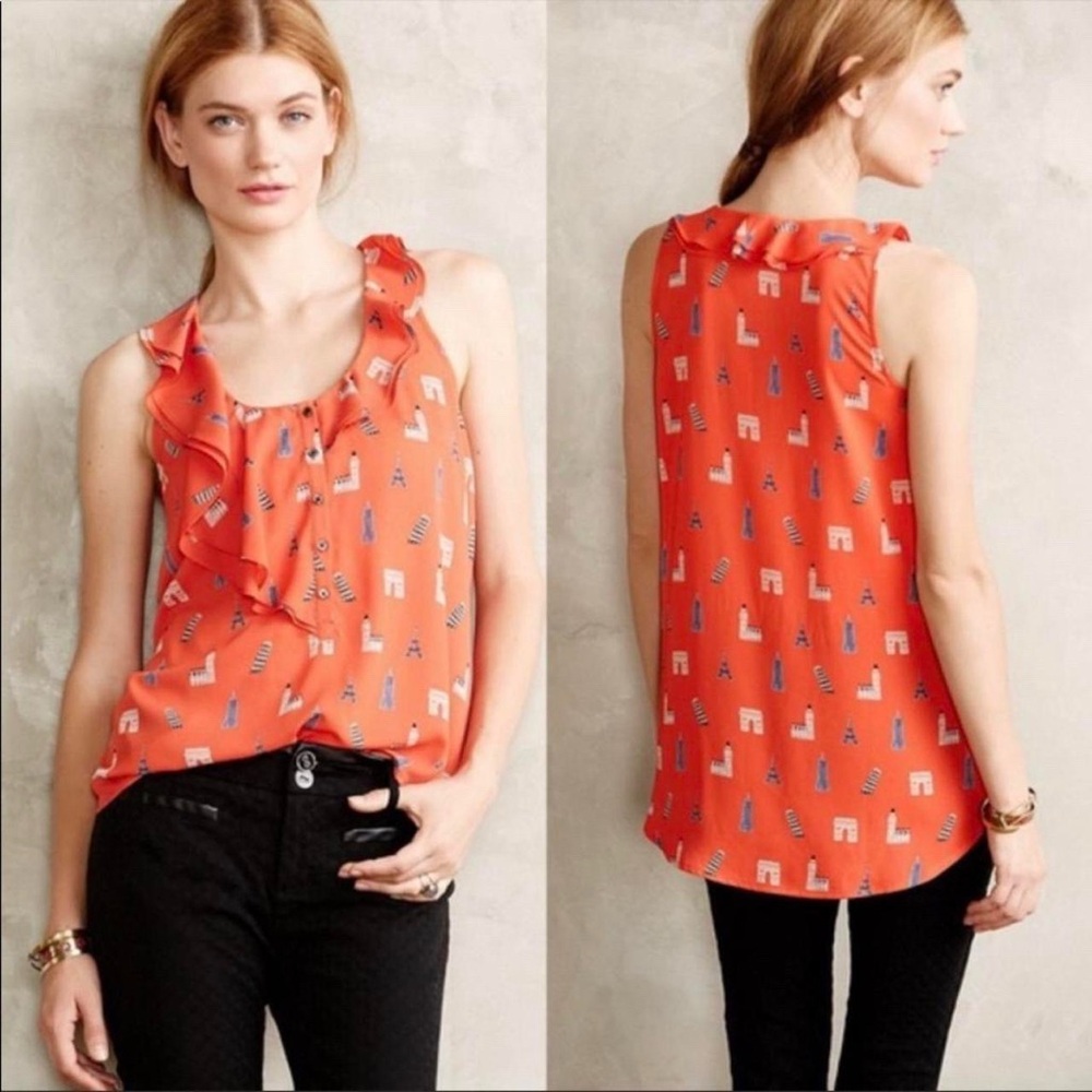 Anthropologie Maeve Aurelie City Landmarks Ruffled Tank